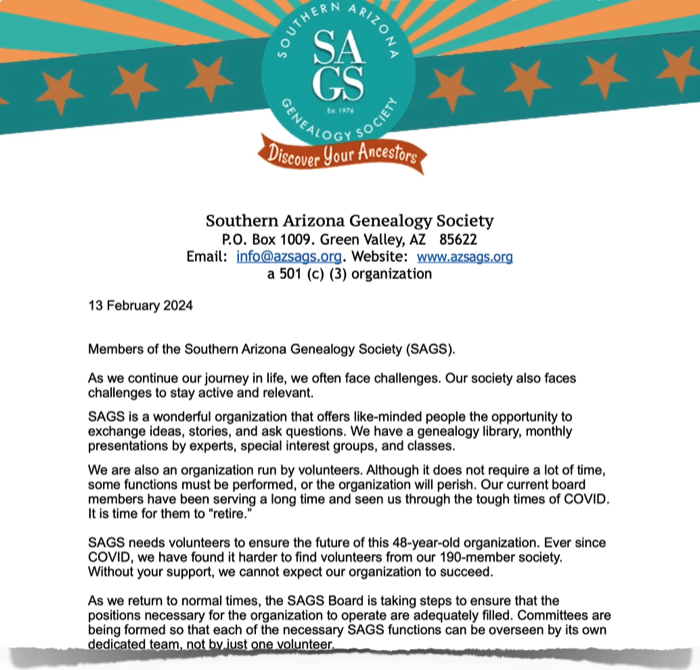 Letter to SAGS Members